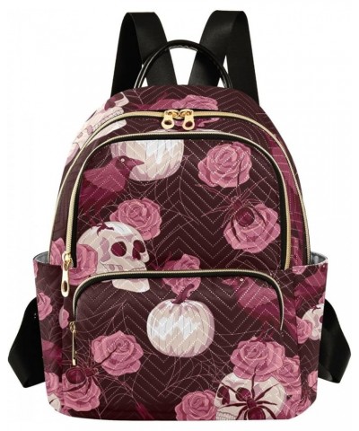 Halloween Women Backpack Skull Rose Spider Cobweb Raven Pink Anti-Theft Travel Backpack with Luggage Belt Durable Lightweight...