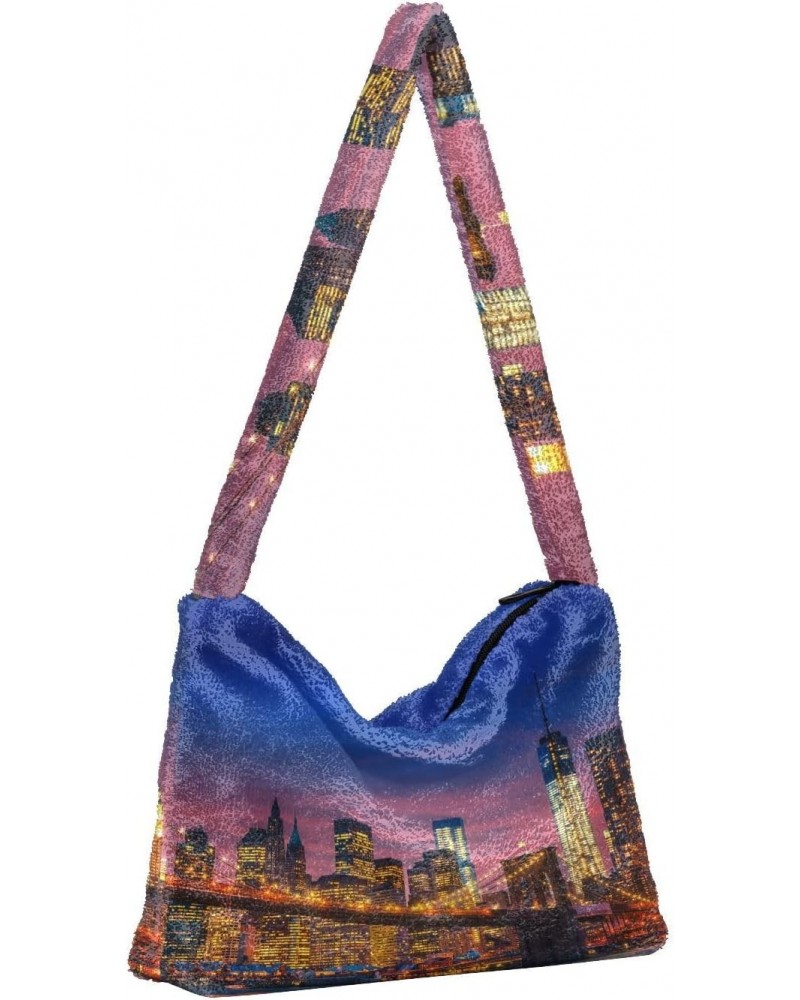 Women Boho Handbag Manhattan Skyscrapers Brooklyn Bridge New York Underarm Bag Tote Bag Shoulder Bag Crossbody Bag Fluffy Cel...