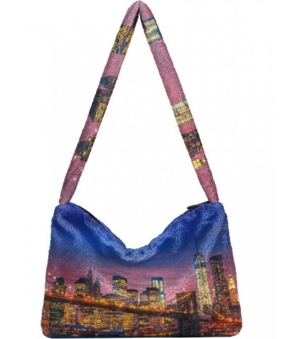 Women Boho Handbag Manhattan Skyscrapers Brooklyn Bridge New York Underarm Bag Tote Bag Shoulder Bag Crossbody Bag Fluffy Cel...