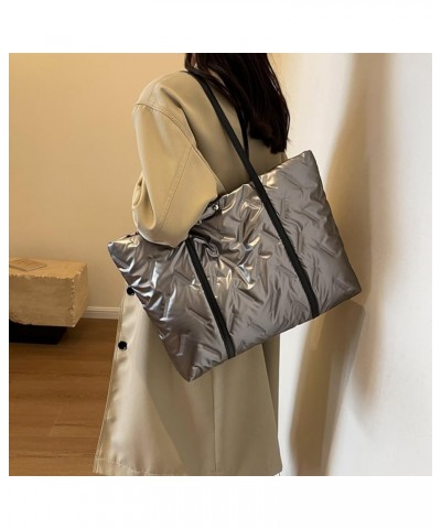 Womens Puffy Tote Bag Down Hobo Bags Large Capacity Quilted Shoulder Handbag Padded Down Cotton Everything Utility Bag Silver...