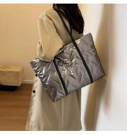 Womens Puffy Tote Bag Down Hobo Bags Large Capacity Quilted Shoulder Handbag Padded Down Cotton Everything Utility Bag Silver...