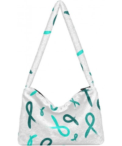 Teal Ribbon Fluffy Tote Bag Crossbody Bags Handbag Shoulder Bag Purse for Women Gifts Work with Zipper $10.91 Totes