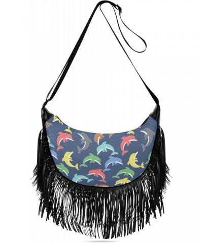 Colorful Cute Dolphins Fringe Bag for Women Cross Body Bag Tassel Shoulder Bag Satchel $13.23 Shoulder Bags