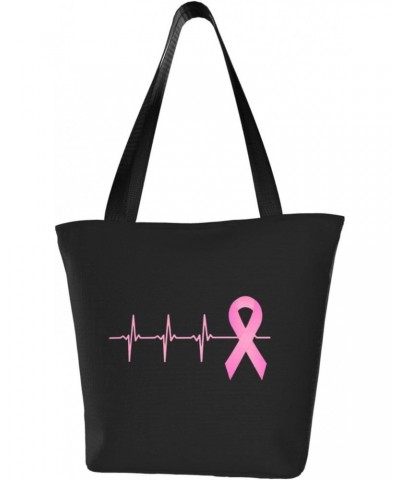 Pink Ribbon Heartbeat Breast Cancer Awareness Women'S Casual One Shoulder Carry Shopping Bag Large Capacity Working Storage H...