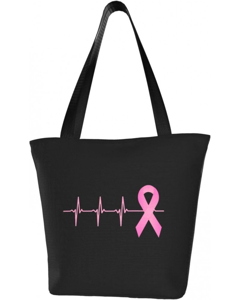 Pink Ribbon Heartbeat Breast Cancer Awareness Women'S Casual One Shoulder Carry Shopping Bag Large Capacity Working Storage H...