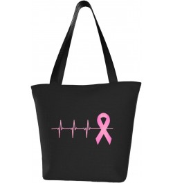 Pink Ribbon Heartbeat Breast Cancer Awareness Women'S Casual One Shoulder Carry Shopping Bag Large Capacity Working Storage H...