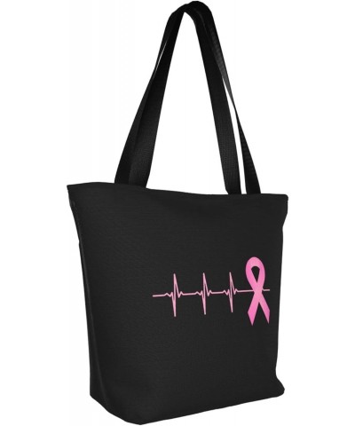 Pink Ribbon Heartbeat Breast Cancer Awareness Women'S Casual One Shoulder Carry Shopping Bag Large Capacity Working Storage H...