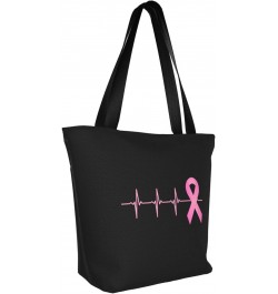 Pink Ribbon Heartbeat Breast Cancer Awareness Women'S Casual One Shoulder Carry Shopping Bag Large Capacity Working Storage H...