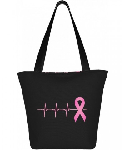 Pink Ribbon Heartbeat Breast Cancer Awareness Women'S Casual One Shoulder Carry Shopping Bag Large Capacity Working Storage H...