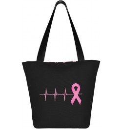 Pink Ribbon Heartbeat Breast Cancer Awareness Women'S Casual One Shoulder Carry Shopping Bag Large Capacity Working Storage H...