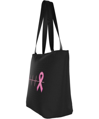 Pink Ribbon Heartbeat Breast Cancer Awareness Women'S Casual One Shoulder Carry Shopping Bag Large Capacity Working Storage H...