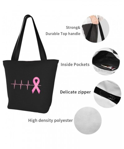 Pink Ribbon Heartbeat Breast Cancer Awareness Women'S Casual One Shoulder Carry Shopping Bag Large Capacity Working Storage H...