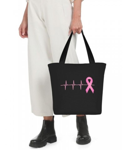 Pink Ribbon Heartbeat Breast Cancer Awareness Women'S Casual One Shoulder Carry Shopping Bag Large Capacity Working Storage H...