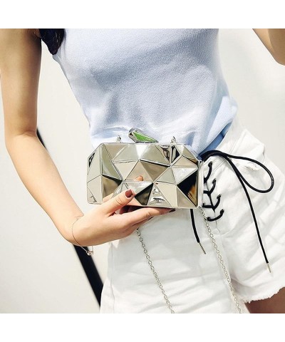 Women Lattice Metal Clutch Purse Geometric Chain Shoulder Bag Silver $20.36 Evening Bags