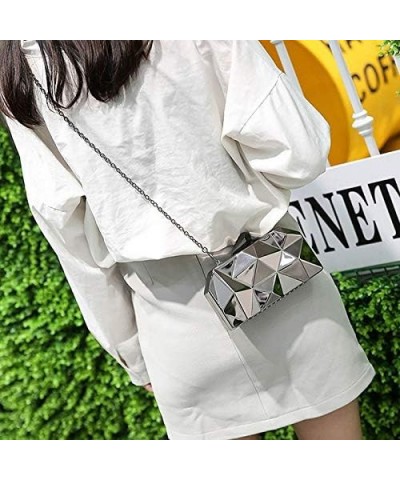 Women Lattice Metal Clutch Purse Geometric Chain Shoulder Bag Silver $20.36 Evening Bags