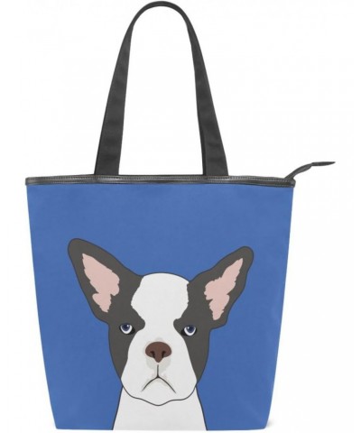 Tote Bag Cool French Bulldog Buddy Dog on Blue Canvas Zippered Tote Handbag for Women with 2 Interior Pockets $10.35 Totes