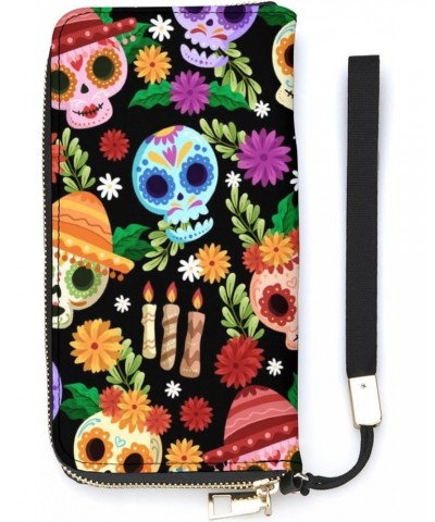 Skull Halloweens Pattern Zip Coin Pocket Leather Wallet Vertical Long Wallet for Men Woman With Credit Card Holder $16.79 Wal...