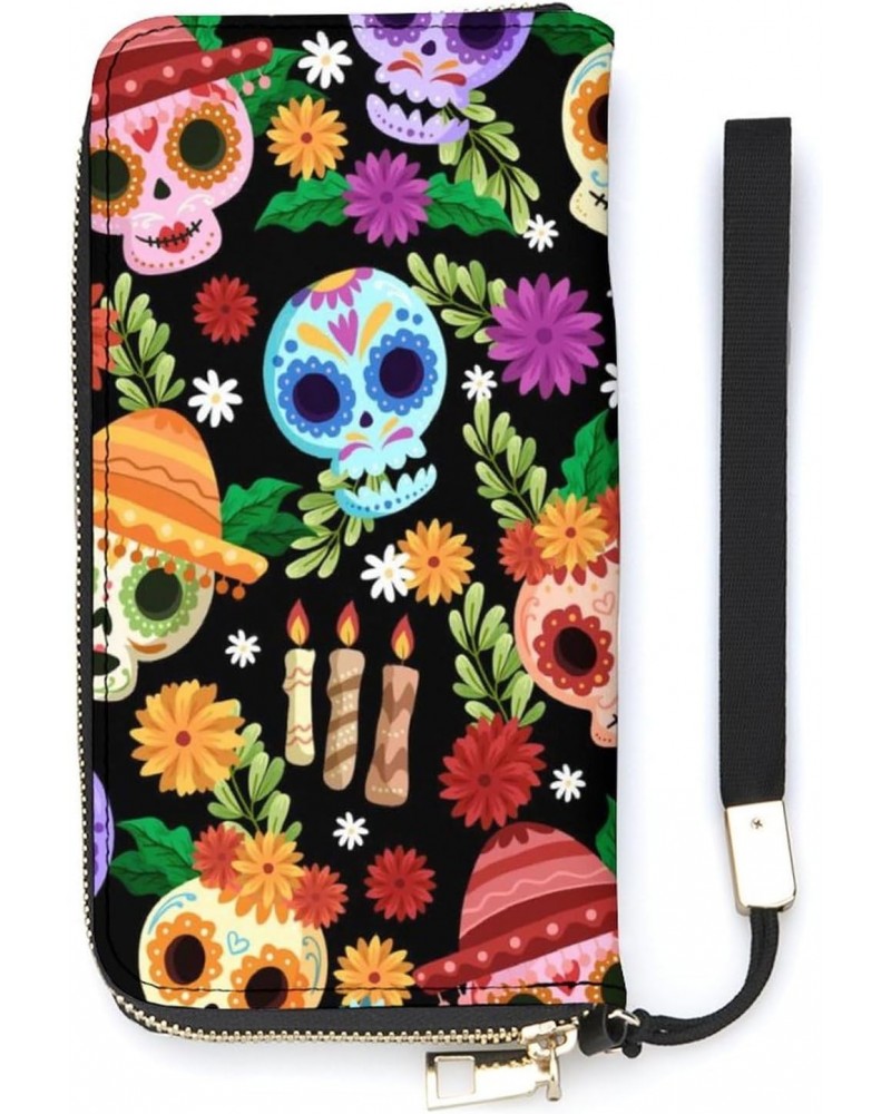 Skull Halloweens Pattern Zip Coin Pocket Leather Wallet Vertical Long Wallet for Men Woman With Credit Card Holder $16.79 Wal...