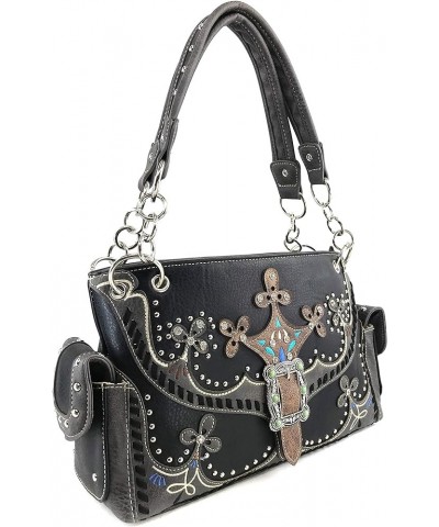 Western Moccasin Flower Buckle Women Conceal Carry Handbag Wallet Set Pewter Black $29.19 Handbags