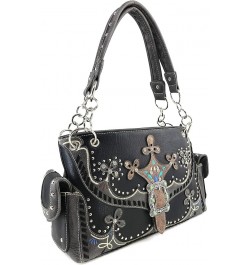 Western Moccasin Flower Buckle Women Conceal Carry Handbag Wallet Set Pewter Black $29.19 Handbags