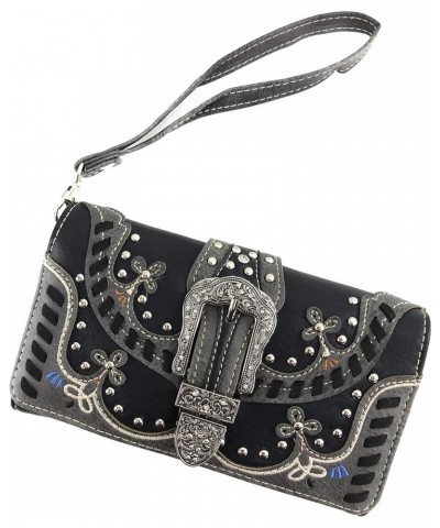 Western Moccasin Flower Buckle Women Conceal Carry Handbag Wallet Set Pewter Black $29.19 Handbags