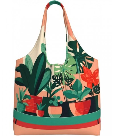 Indoor Potted Green Plants Extra Large Capacity Shoulder Canvas Bag For Shopping Travel Daily Use $14.19 Totes