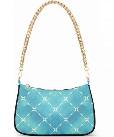 Teal Geometric Plaid Fashion Quilted Crossbody Bag for Women Shoulder Evening Purse with Gold Chain & Smooth Zipper Tote Hand...