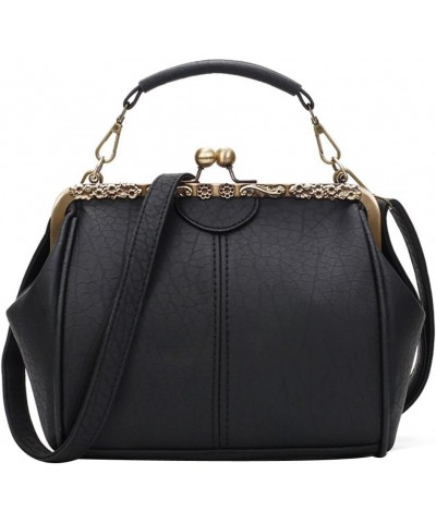 Vintage Kiss lock Handbag Women Metal Frame Solid PU Leather Top Handle Bag Mist-black $20.20 Handbags