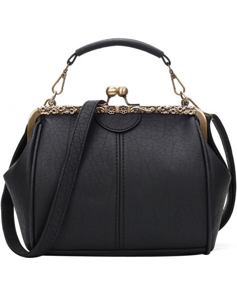 Vintage Kiss lock Handbag Women Metal Frame Solid PU Leather Top Handle Bag Mist-black $20.20 Handbags