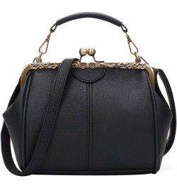 Vintage Kiss lock Handbag Women Metal Frame Solid PU Leather Top Handle Bag Mist-black $20.20 Handbags