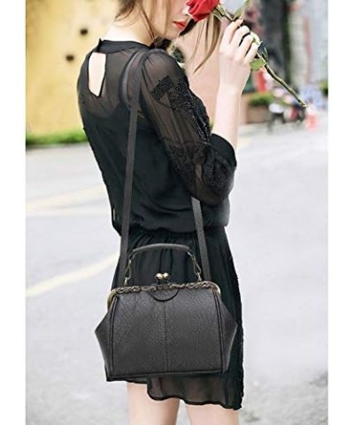 Vintage Kiss lock Handbag Women Metal Frame Solid PU Leather Top Handle Bag Mist-black $20.20 Handbags