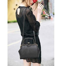 Vintage Kiss lock Handbag Women Metal Frame Solid PU Leather Top Handle Bag Mist-black $20.20 Handbags