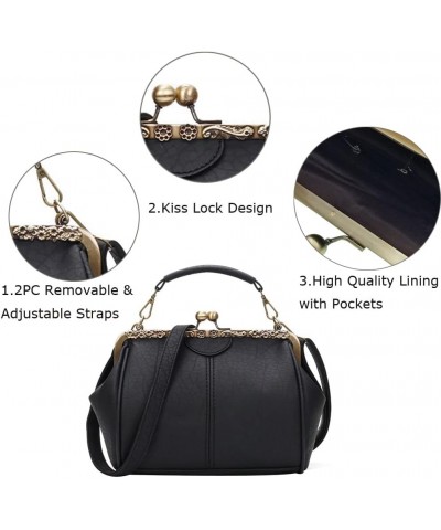 Vintage Kiss lock Handbag Women Metal Frame Solid PU Leather Top Handle Bag Mist-black $20.20 Handbags