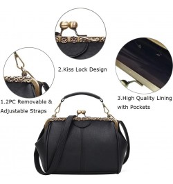 Vintage Kiss lock Handbag Women Metal Frame Solid PU Leather Top Handle Bag Mist-black $20.20 Handbags