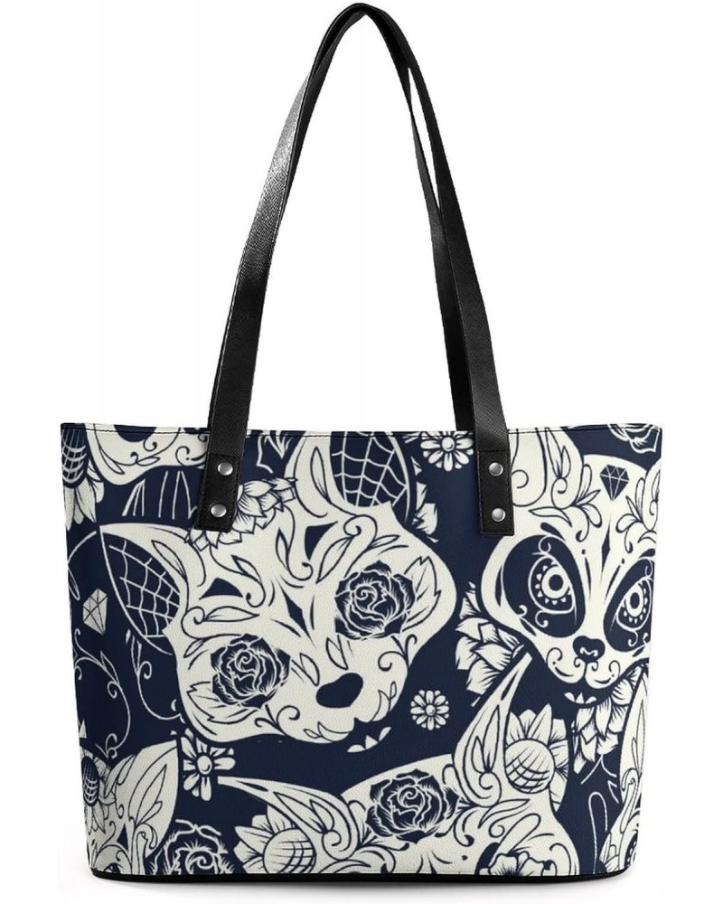 Womens Handbag Cat And Skull Leather Tote Bag Top Handle Satchel Bags For Lady $17.84 Totes