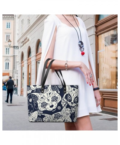 Womens Handbag Cat And Skull Leather Tote Bag Top Handle Satchel Bags For Lady $17.84 Totes