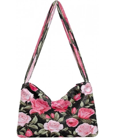 Pink Floral Women's Bag, Zipper Shoulder Bag for Women, Autumn Handbags Floral Pink Flower on Black-4 $13.99 Shoulder Bags