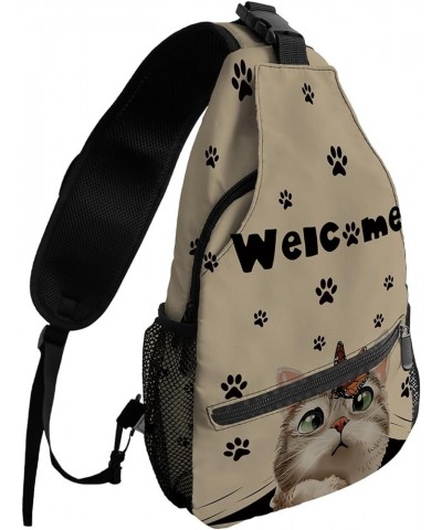 Sling Bag Crossbody Bag for Women Men Welcome Paw Cute Cartoon Cat Vintage Waterproof Hiking Backpack Lightweight Chest Shoul...