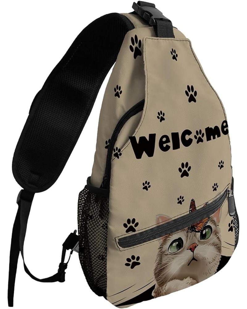 Sling Bag Crossbody Bag for Women Men Welcome Paw Cute Cartoon Cat Vintage Waterproof Hiking Backpack Lightweight Chest Shoul...