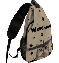 Sling Bag Crossbody Bag for Women Men Welcome Paw Cute Cartoon Cat Vintage Waterproof Hiking Backpack Lightweight Chest Shoul...