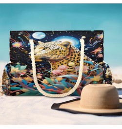 Watercolor Leopard Galaxy Beach Bags for Women Large Tote Bag with Zipper and Pockets Waterproof Sandproof Accessories Swim P...