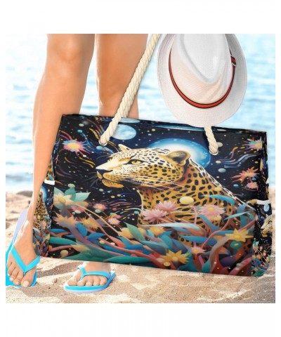 Watercolor Leopard Galaxy Beach Bags for Women Large Tote Bag with Zipper and Pockets Waterproof Sandproof Accessories Swim P...