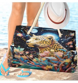 Watercolor Leopard Galaxy Beach Bags for Women Large Tote Bag with Zipper and Pockets Waterproof Sandproof Accessories Swim P...