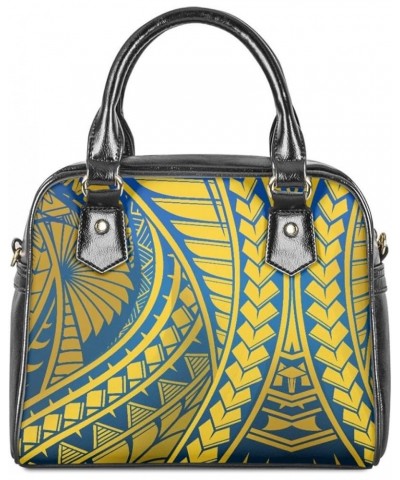 Women's Polynesian Flower 3D Printed PU Leather Zip Top Handle Satchel Handbags Saddle Crossbody Bag Purses Yellow Blue Polyn...