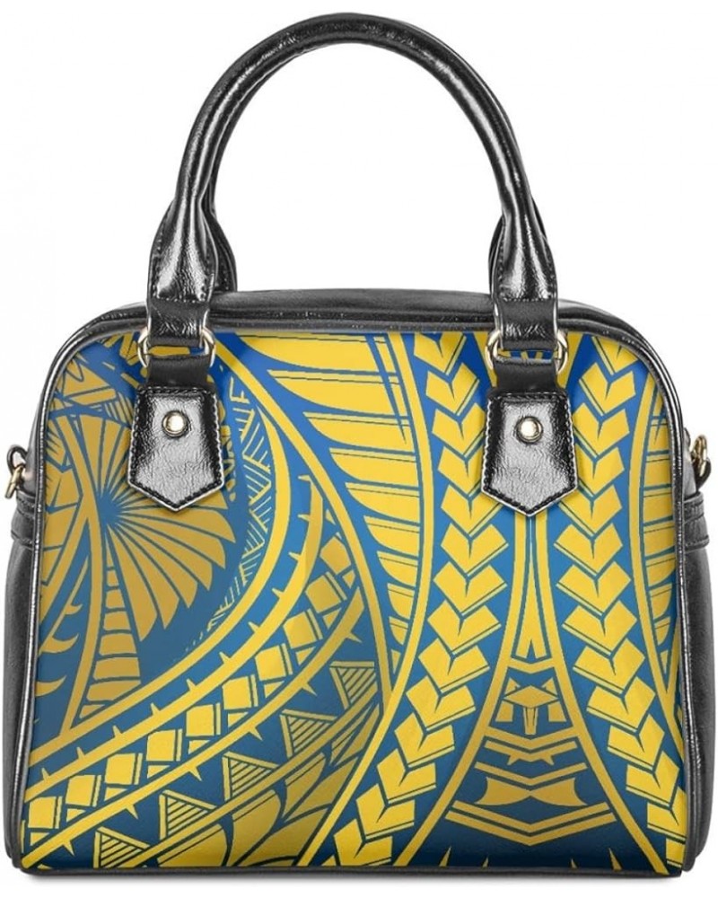 Women's Polynesian Flower 3D Printed PU Leather Zip Top Handle Satchel Handbags Saddle Crossbody Bag Purses Yellow Blue Polyn...