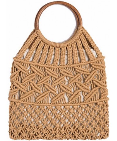 Vintage Wooden Handle Rattan Women Handbags Wicker Woven Hollow Tote Casual Summer Beach Straw Bag Brown 2 $19.89 Handbags