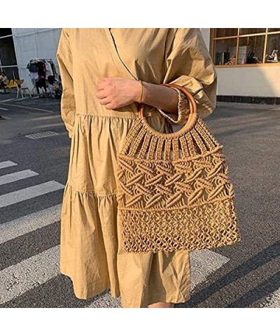 Vintage Wooden Handle Rattan Women Handbags Wicker Woven Hollow Tote Casual Summer Beach Straw Bag Brown 2 $19.89 Handbags