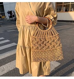 Vintage Wooden Handle Rattan Women Handbags Wicker Woven Hollow Tote Casual Summer Beach Straw Bag Brown 2 $19.89 Handbags