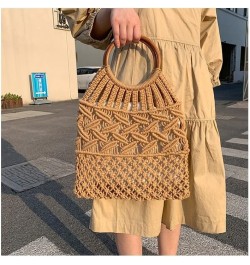 Vintage Wooden Handle Rattan Women Handbags Wicker Woven Hollow Tote Casual Summer Beach Straw Bag Brown 2 $19.89 Handbags