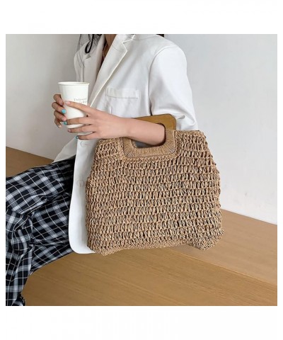 Straw Tote Bag with Wooden Handle Women Hobo Woven Handbag Summer Beach Travel Brown $9.48 Totes